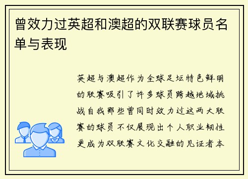 曾效力过英超和澳超的双联赛球员名单与表现
